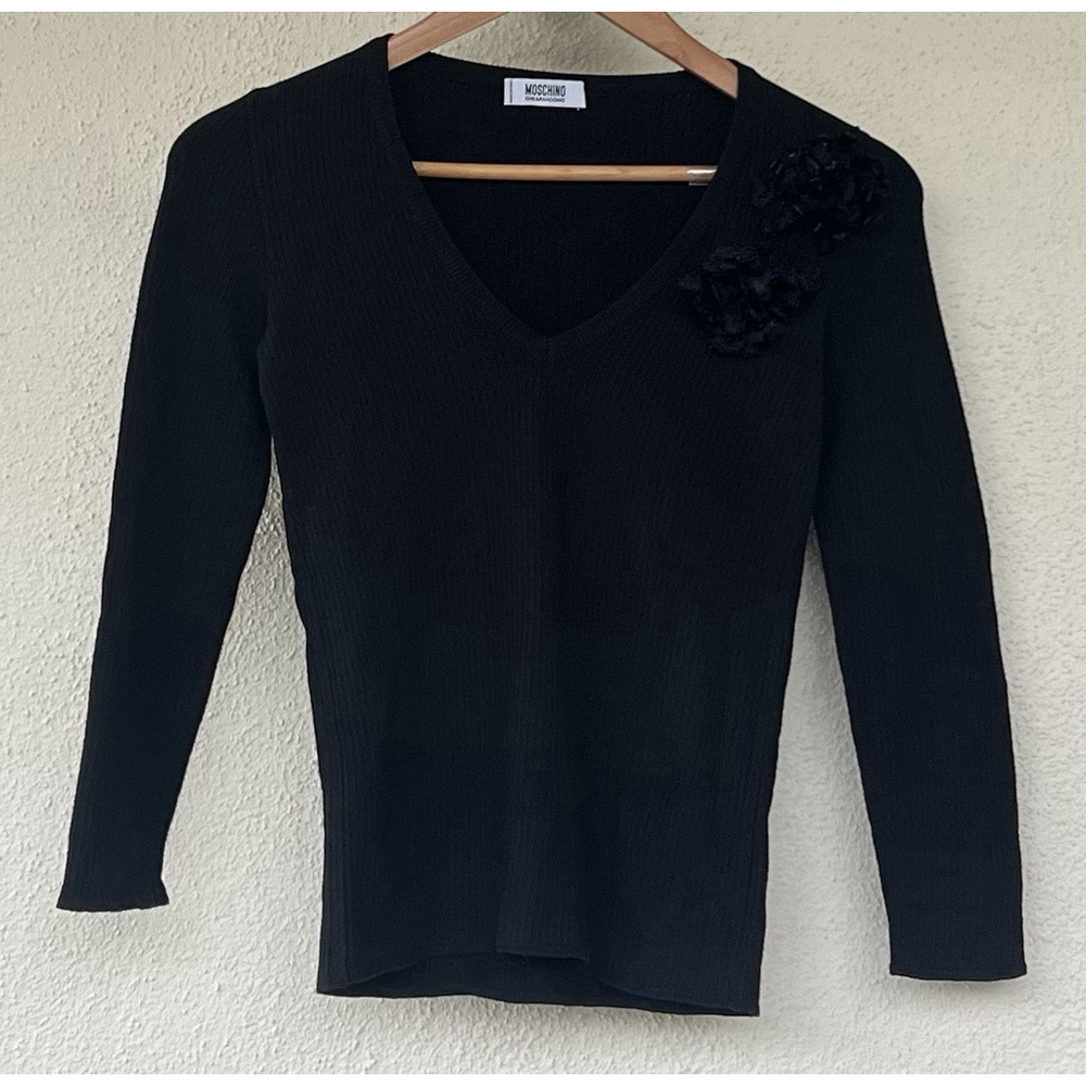 Moschino Cheap and Chic Black Ribbed V-Neck Sweater Floral Appliqué Cashmere